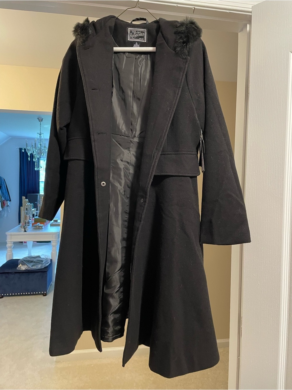 Rothschild Black Hooded holiday Coat with Fur Trim
